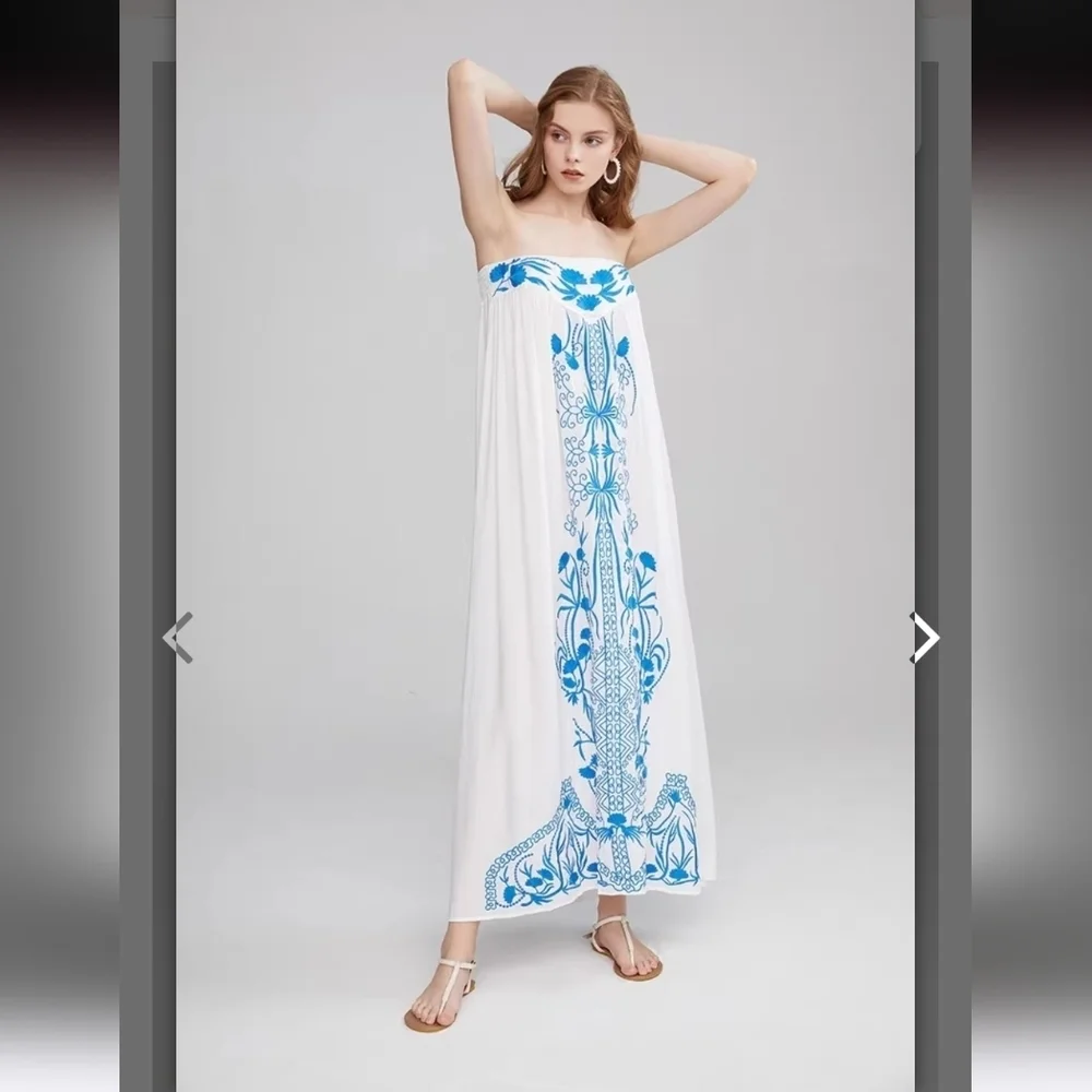 Chic White and Blue Strapless Maxi Dress - Picture 11 of 16